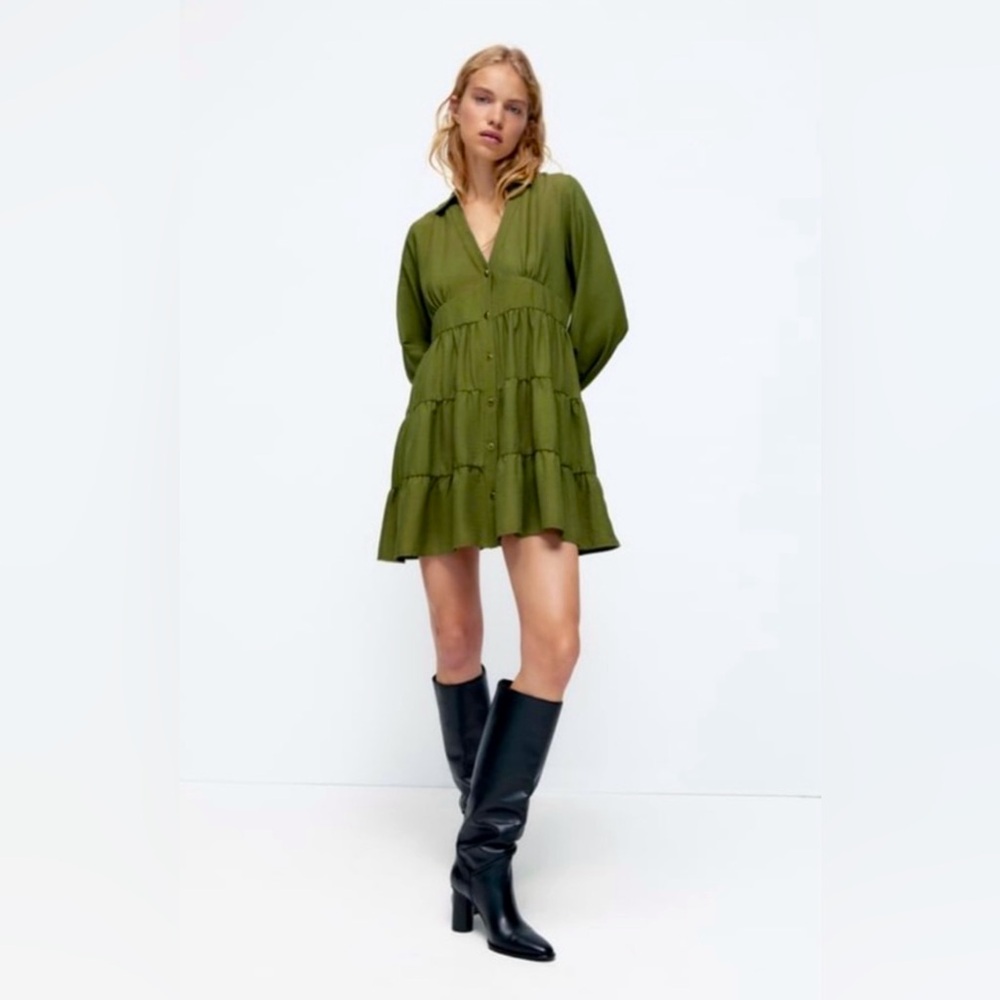 Zara Tiered Long Sleeve Shirt Dress (Green, Size M, Great Pre-Owned Condition)